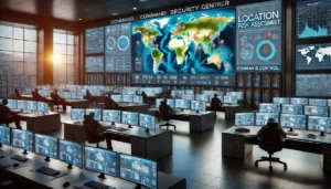 Image of a control room displaying a location risk assessment: